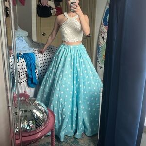 SHERRI HILL two piece dress- pearl top; blue lila dot skirt